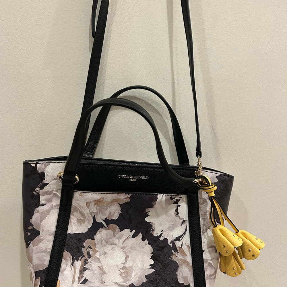 Karl Lagerfeld Black and White Floral Tote with Yellow Accents